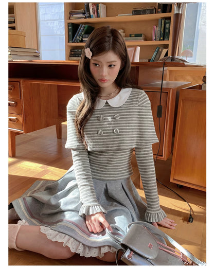 “Misty Sonata” Grey Layered Stripe Knit Top