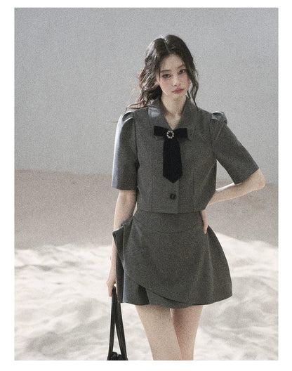 "Paris Afternoon" Slate Gray Bow Top & A-Line Mini Skirt Two-Piece Set