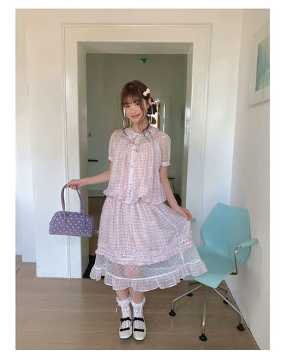 [RF] “Rainbow Cotton Candy” Blue & Pink Plaid Two-Piece Set