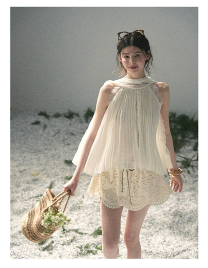 “Summer Light Through Pleats” Ivory Lace Pleated Halter Blouse