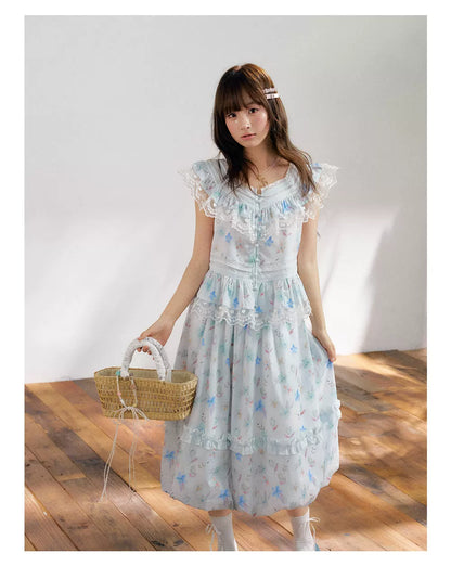 “Mint Blossom Isle” Blue Lace Trim Top & Bubble Hem Skirt