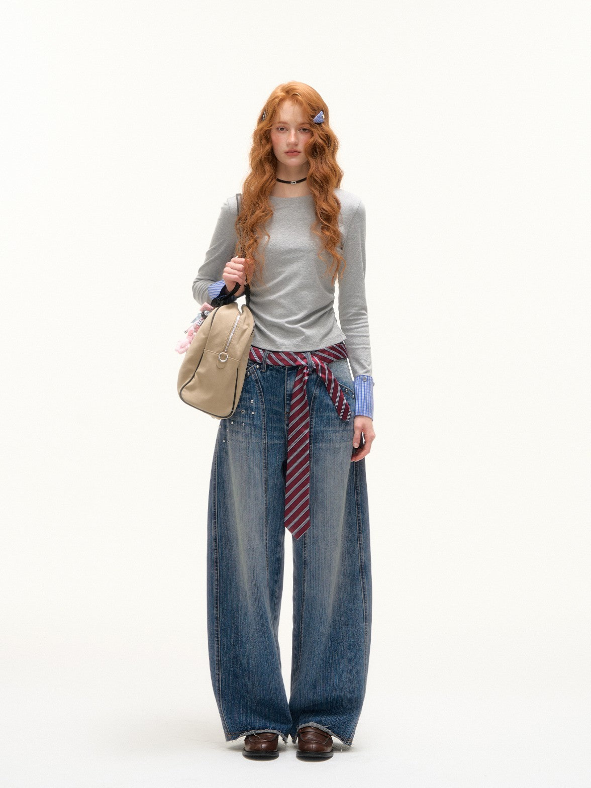 ASGONY - Y2K Studded Curved-Cut Wide Leg Jeans