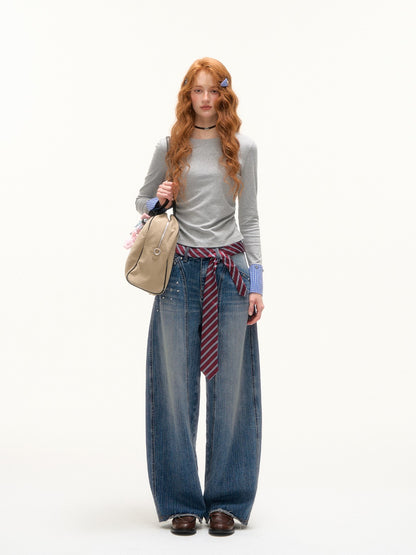 ASGONY - Y2K Studded Curved-Cut Wide Leg Jeans