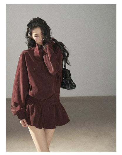 AOMALM - Burgundy PU Suede Jacket & A-Line Shorts Set