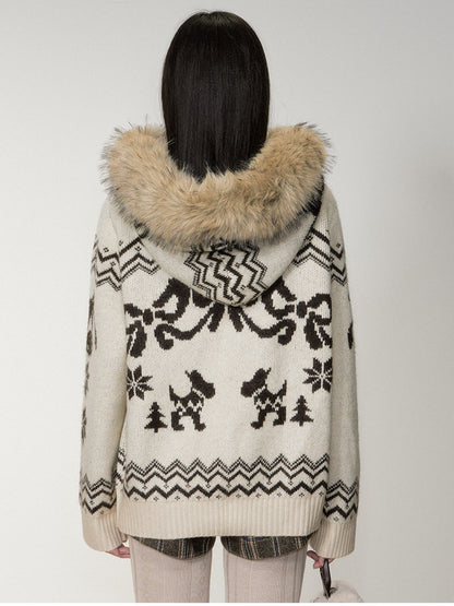 Soote Season - Fair Isle Cream Hooded Toggle Knit Jacket - Light Cream