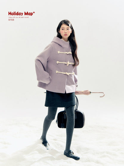 "Velvet Snowfall" Purple Mist Hooded Quilted Wool-Touch Duffle Coat