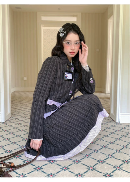 [[RF] “Ink Plaid Prelude” Gray-Purple Plaid Striped Pleated Skirt Two-Piece Set