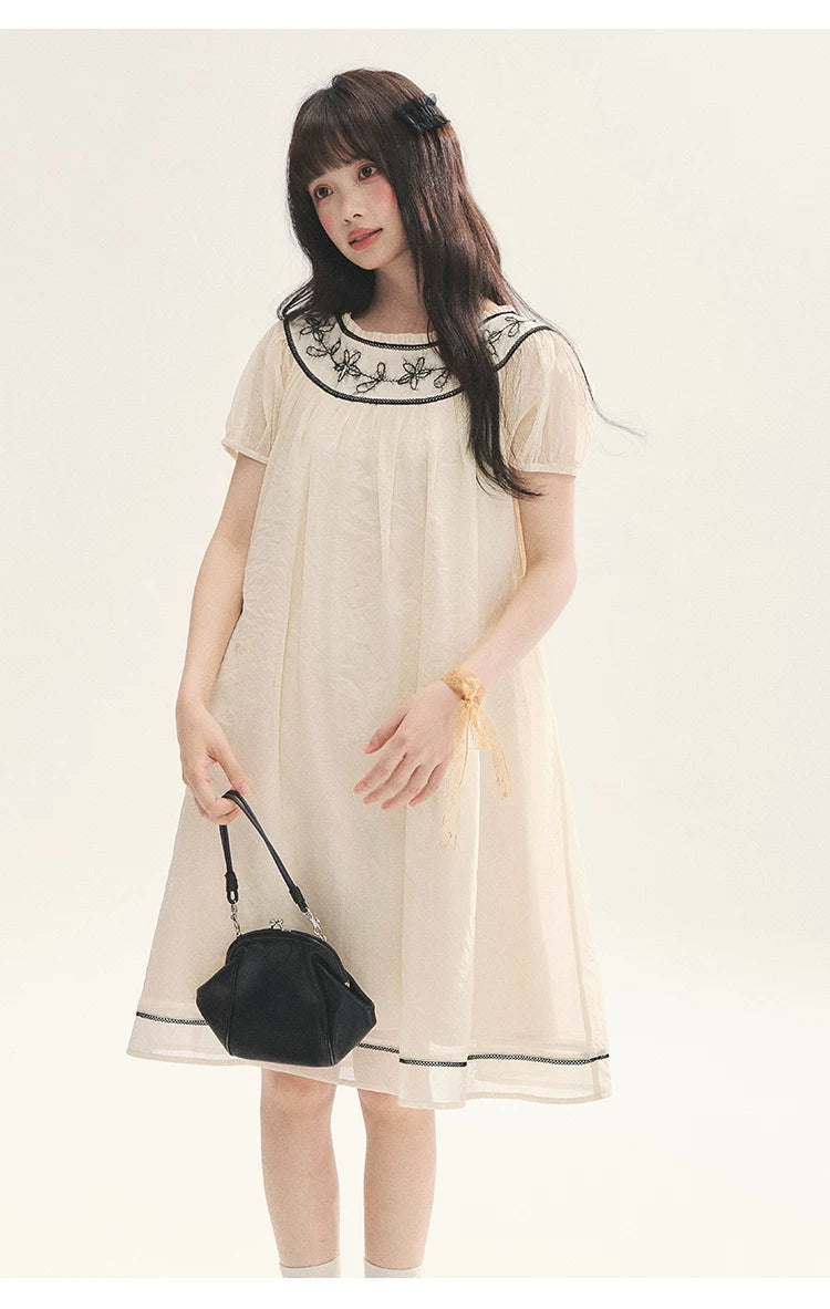 "Midnight Princess" Yellow Flower Rope Embroidered Babydoll Midi Dress