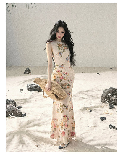 "Waiting for Blossoms" Dutch Cream Floral Mermaid Maxi Dress 43236