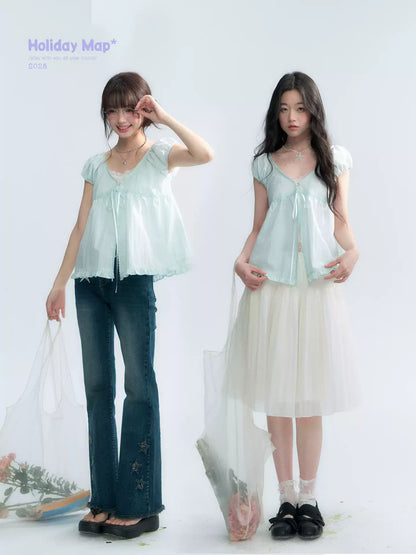 "Mint Morning Glow" Mint Green Lace Tie-Front Cardigan Blouse