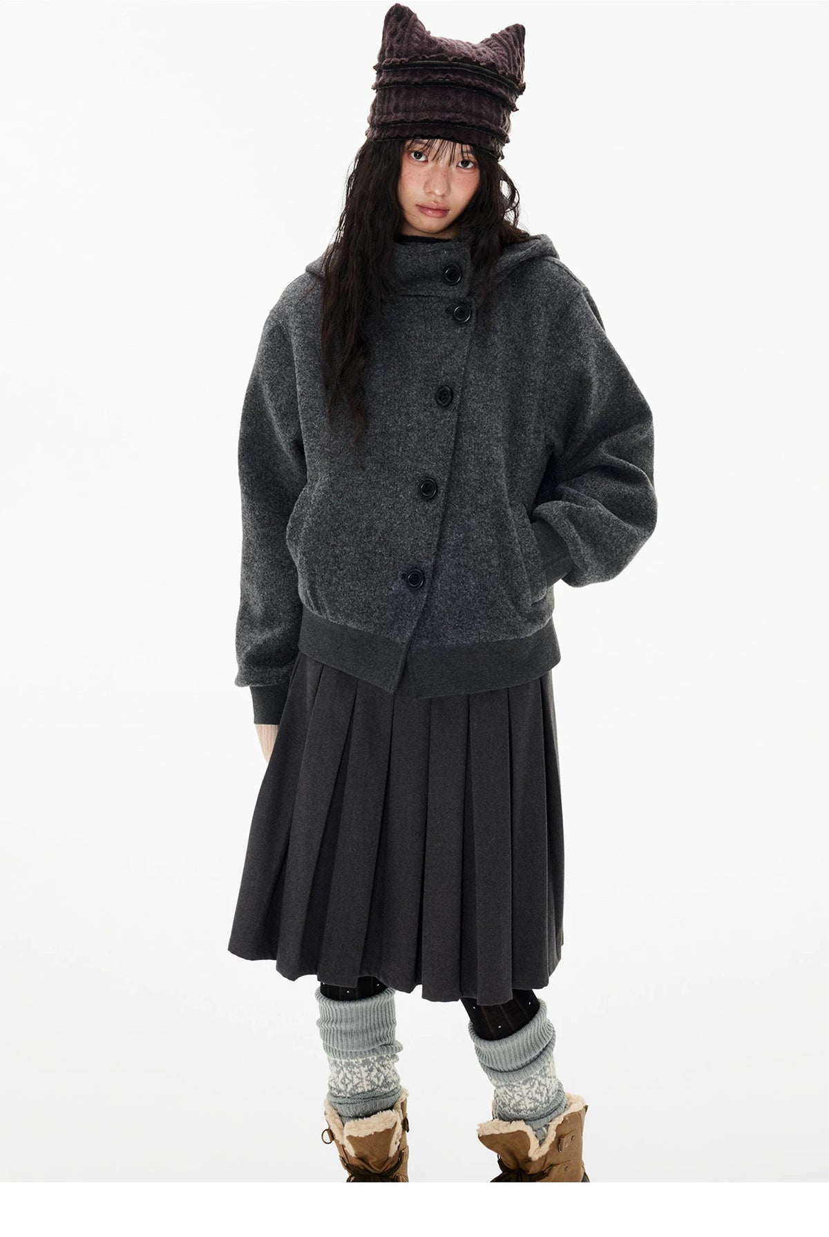 EZEK | Preppy Hooded Wool Blend Jacket with Button Front