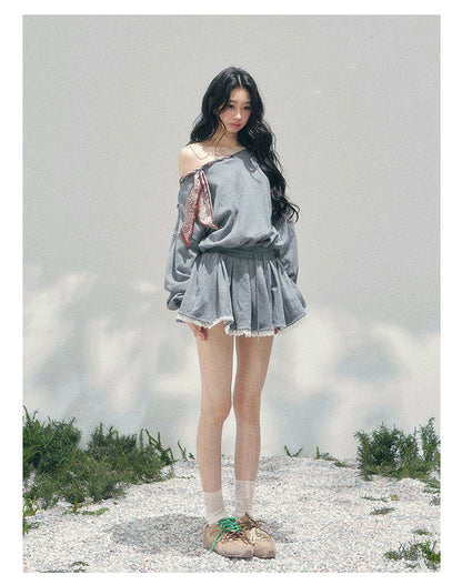 “The Wind Blushes” Lace Trim Off-Shoulder Sweatshirt Dress