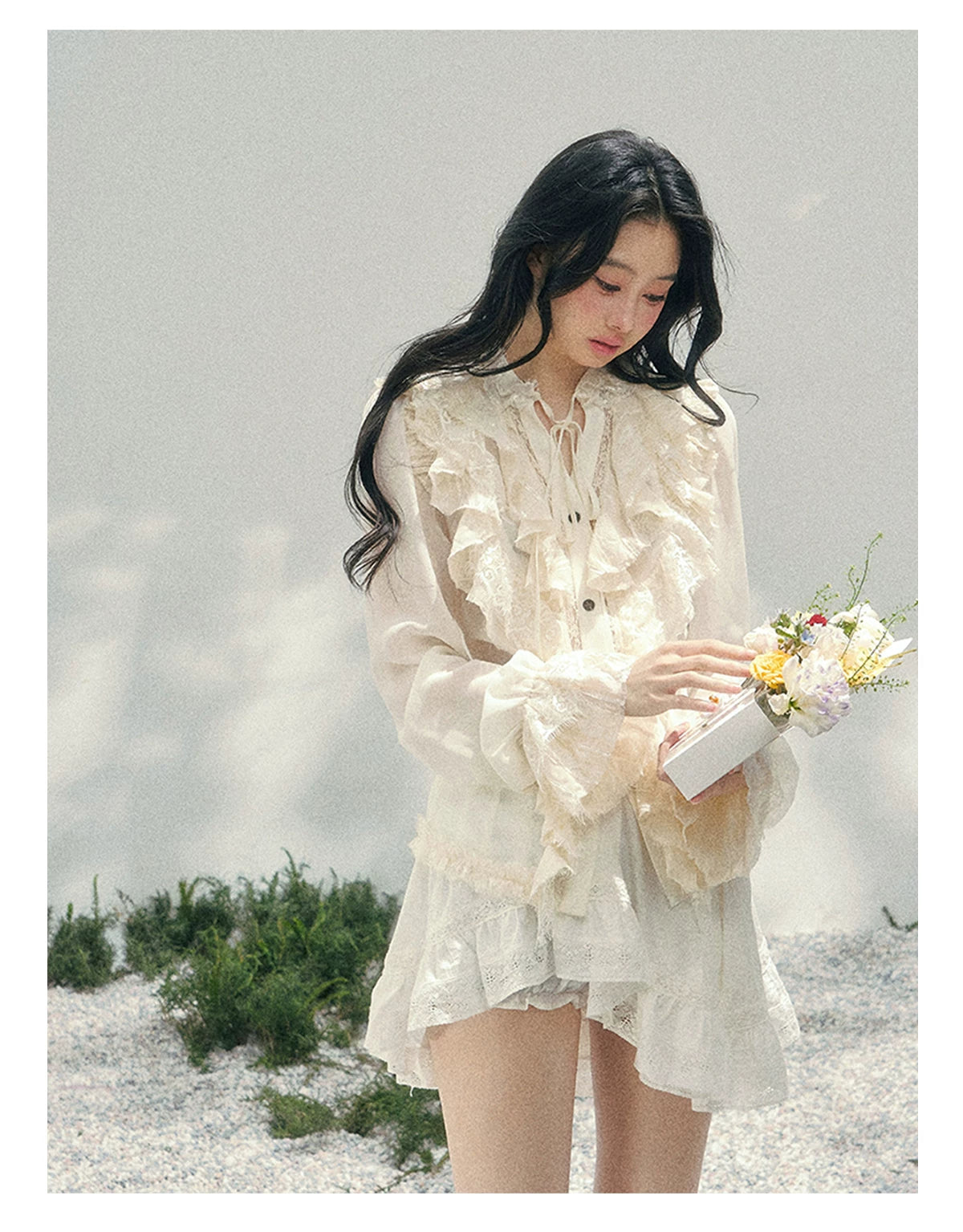 “Memory in Bloom” French Court Lace Flare Sleeve Top