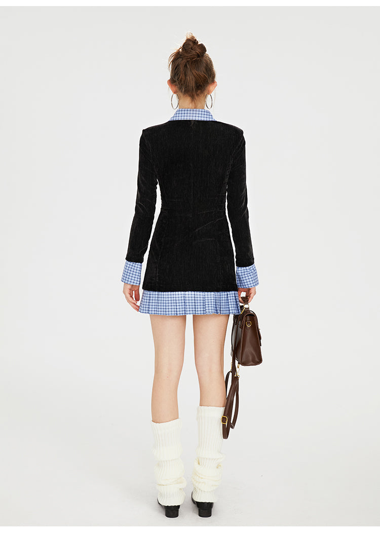 Contrast Color Stitching Pleated Velvet Dress