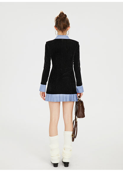 Contrast Color Stitching Pleated Velvet Dress