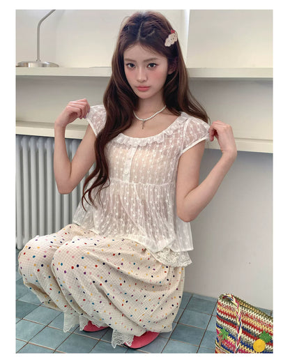 [RF] “Milk Cloud” Ivory Rainbow Polka Dot Bloom Pants Set