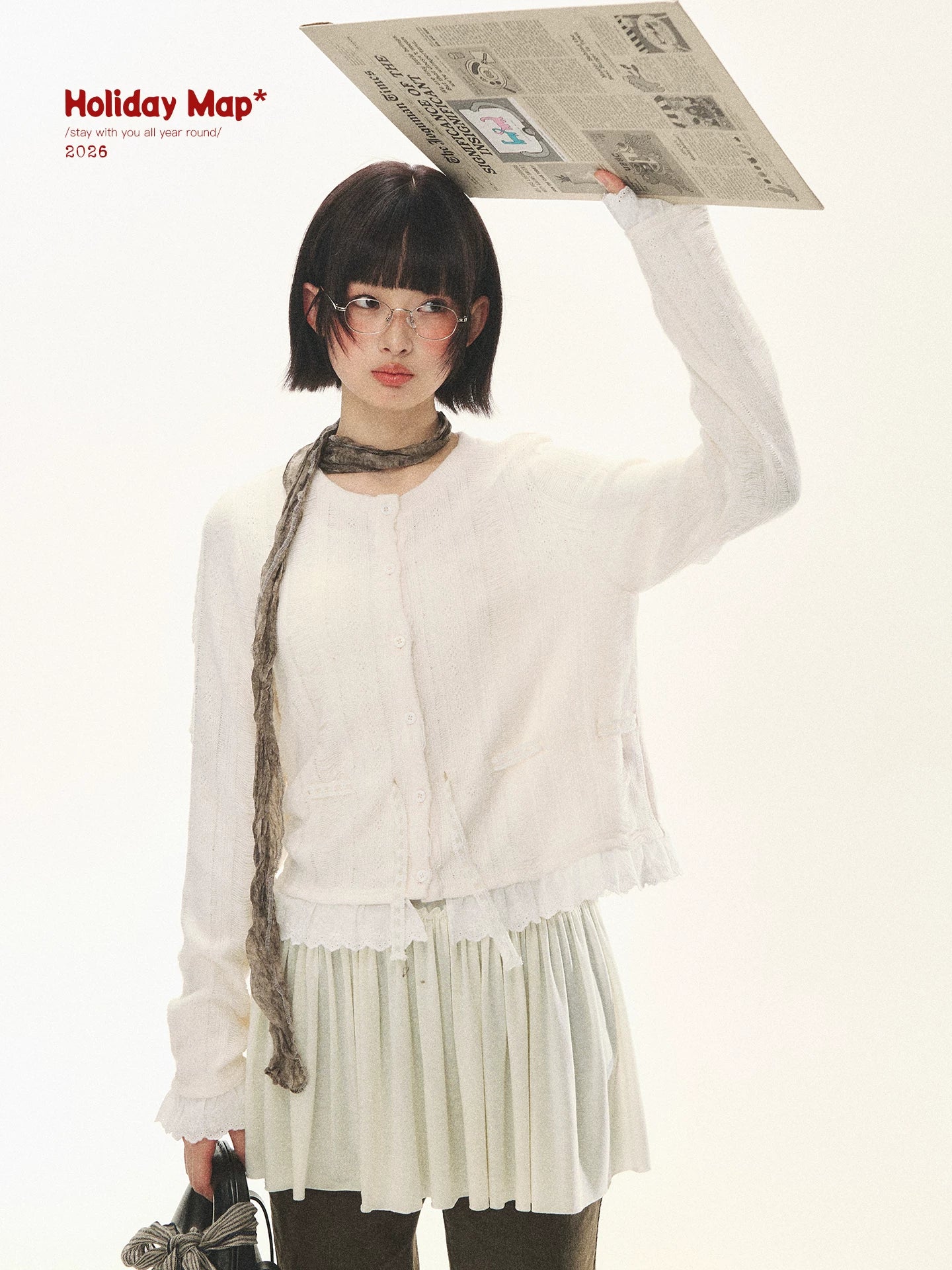 "Wisteria Whisper" Open-Knit Lace Tie Cardigan (Wisteria/ Ivory)