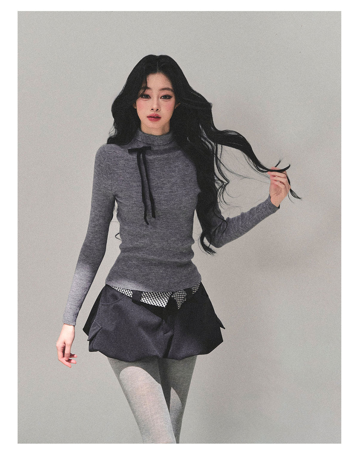 少也眼 “Velvet Touch” Semi-Turtleneck Long Sleeve Knit Top - Gray 586255478