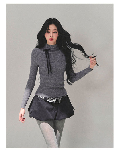 少也眼 “Velvet Touch” Semi-Turtleneck Long Sleeve Knit Top - Gray 586255478