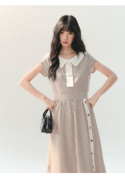 [CAN] "Coffee Meets Cream" Mocha Stripe Bow Collar Dress