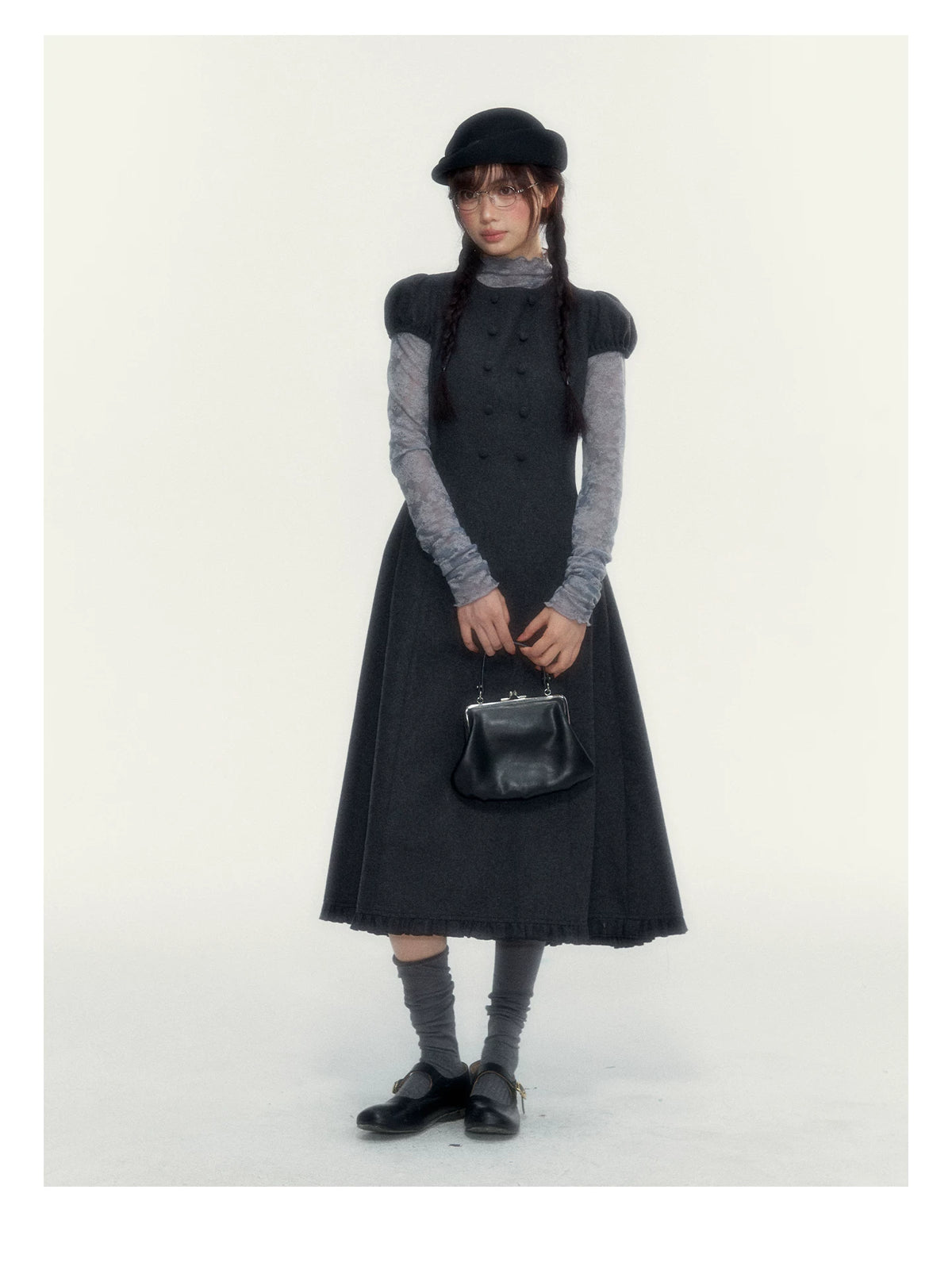 Vintage Double-Breasted Wool Dress & Knit Fringe Cape Set