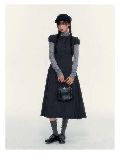 Vintage Double-Breasted Wool Dress & Knit Fringe Cape Set