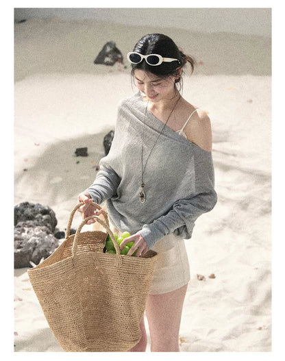 "Misty Veil Whisper" Cloud Trail Gray Off-Shoulder Sheer Sun Protection Top 5345634