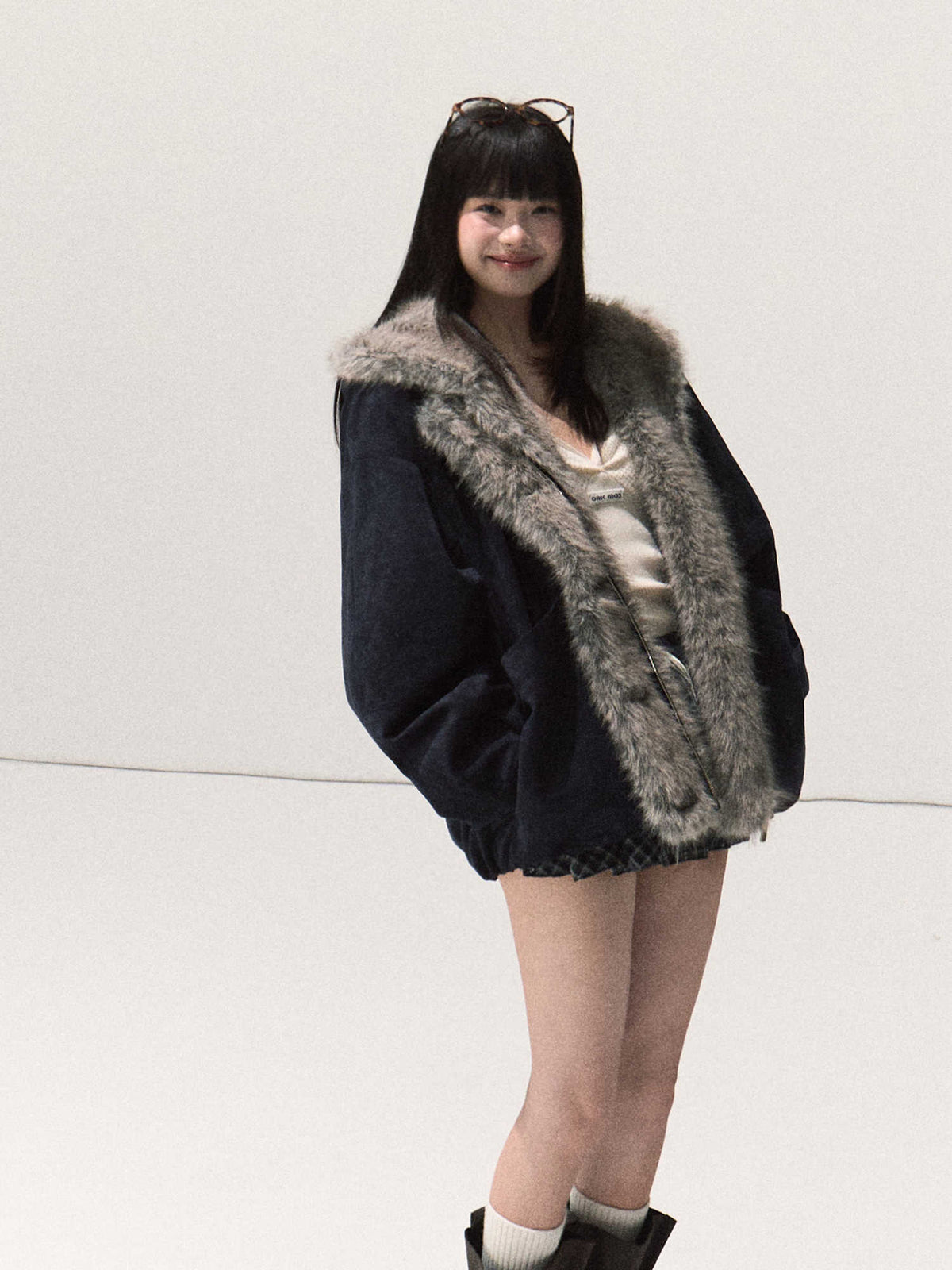 OAKMOO/ Agate Blue Faux Suede Hooded Jacket with Ombre Faux Fur