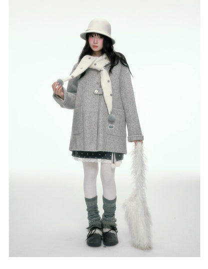 BIBIBENCY - Gray Wool-Blend Single-Breasted Coat (With White Scarf)