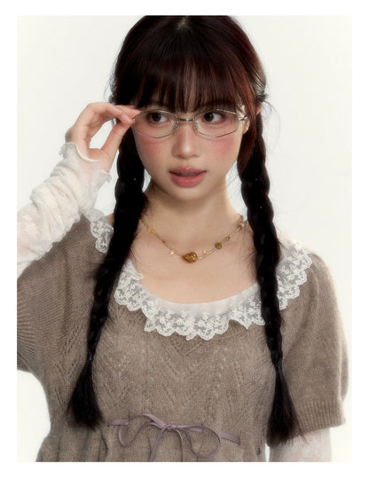 “Cloud Pleats” Chestnut Mist U-Neck Bow-Tie Puff Sleeve Knit Sweater