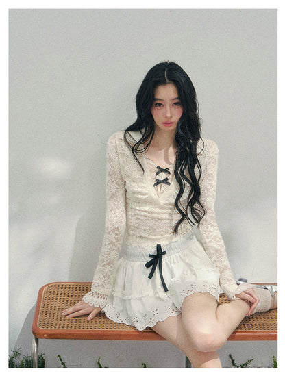 少也眼 “Soft Focus Monologue” Faux-Layer Sheer Lace Tie-Detail Top – Apricot 4563634583