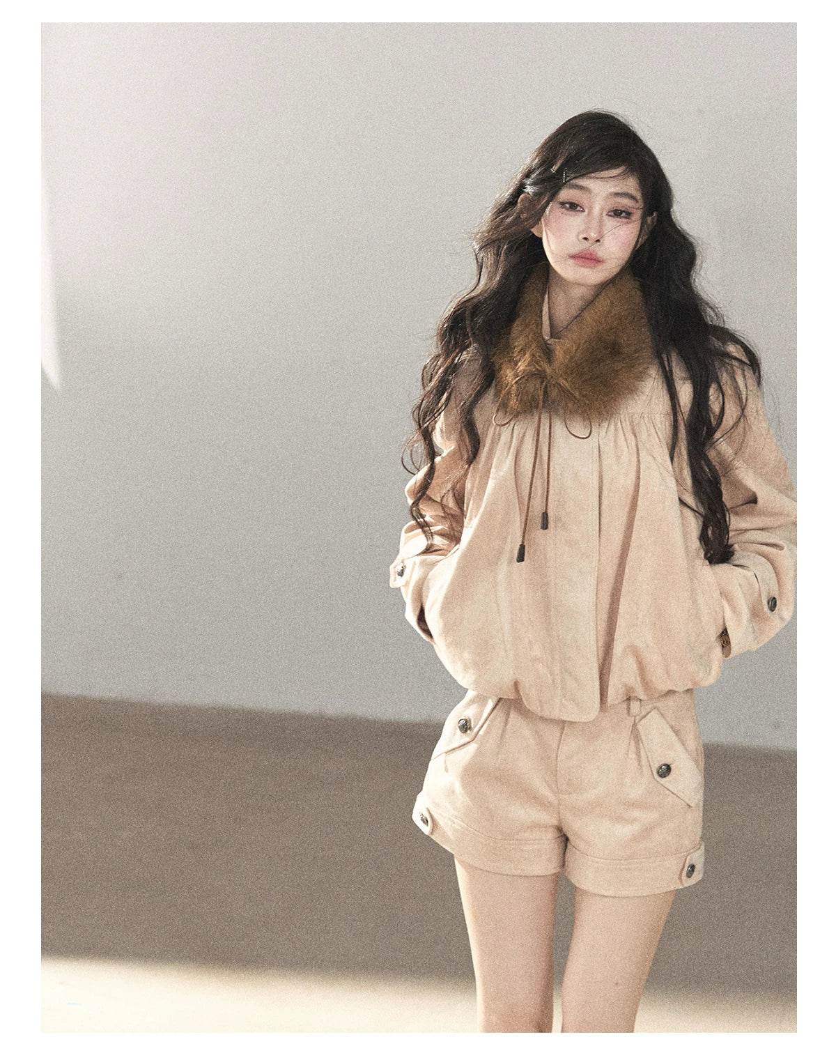 AOMALM - Mauve Faux Suede Jacket & Cargo Shorts Set