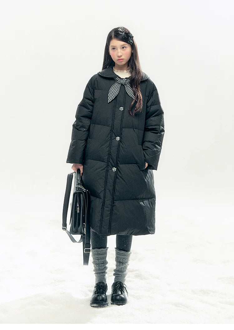 "Starry Night Little Witch" Black Long Down Coat with Detachable Bunny Bow Collar