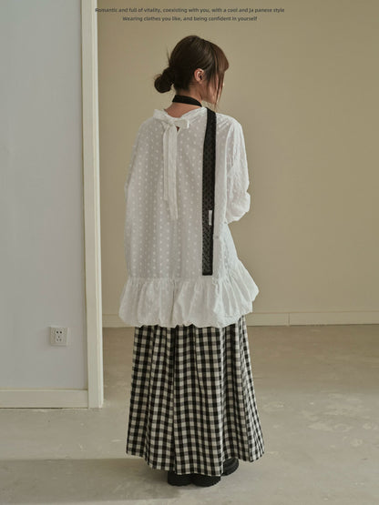 "Blooming Mist" White Textured Polka Dot Tie-Waist Bubble Midi Dress