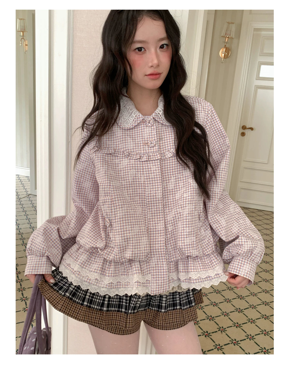 [RF] “Cream Garden Reverie” Light Purple Plaid Ruffle Lace-Trim Jacket