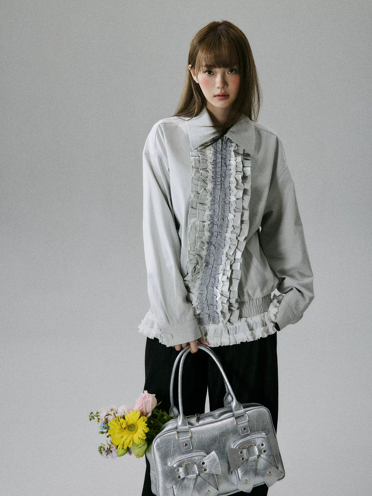 LOST FOREST - Silver Gray Ruffle-Trim Cotton Jacket
