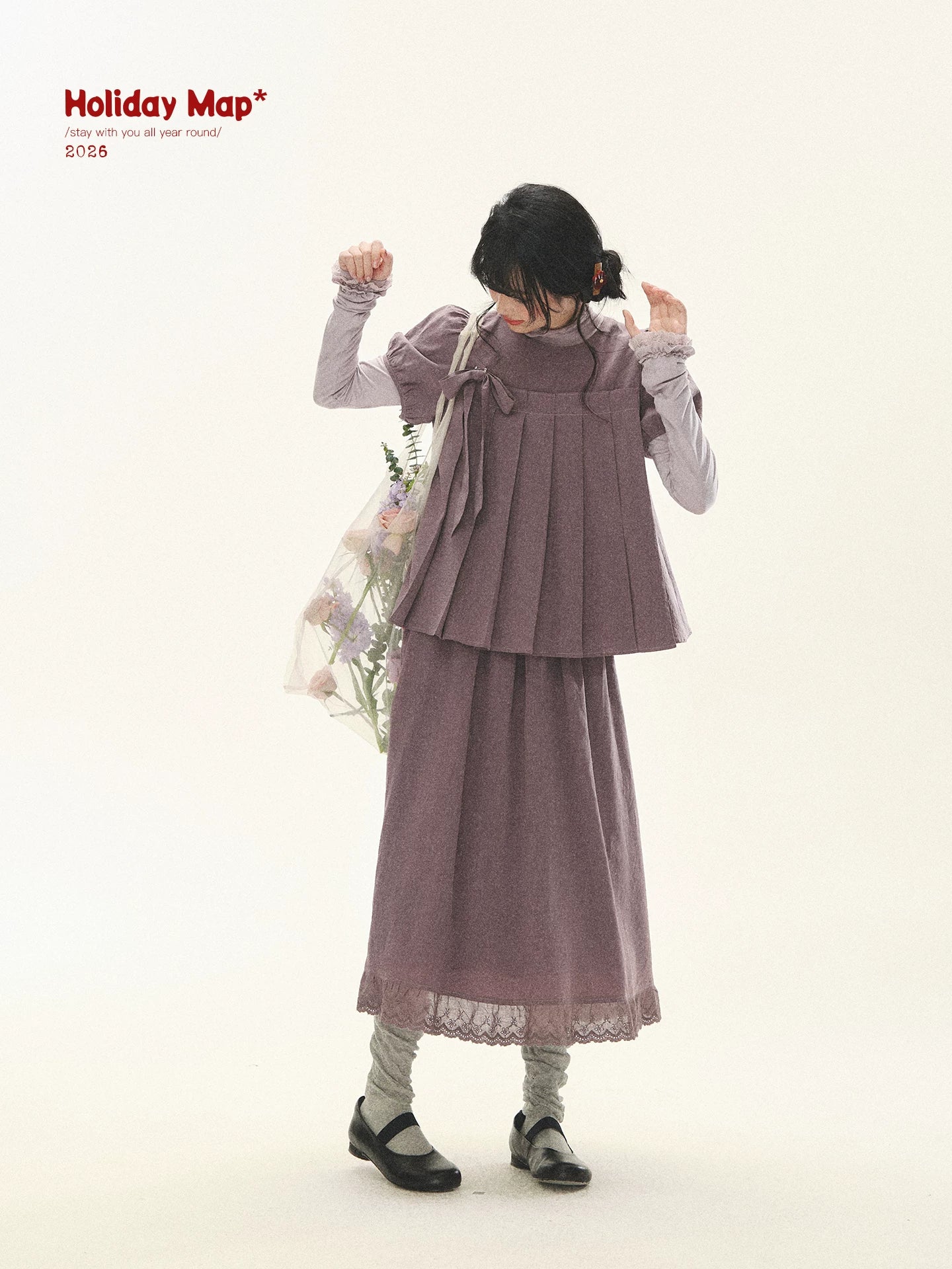 "Whispers Between Pleats" Gray Grape Purple Pleated Top & Maxi Skirt Set