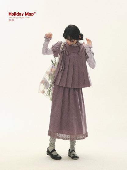 "Whispers Between Pleats" Gray Grape Purple Pleated Top & Maxi Skirt Set