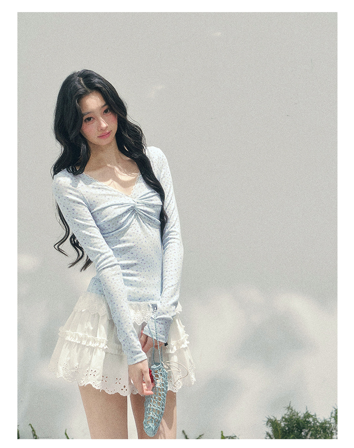 少也眼 "Heartbeat Pause" Baby Blue Back Lace Cut-Out Top 53685634
