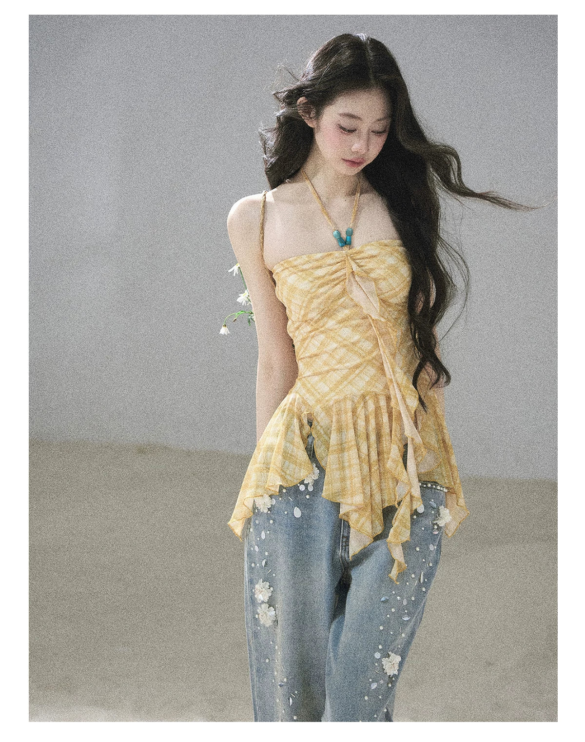 "Fields of Provence" Goose Yellow Halter Plaid Waist-Cinched Top