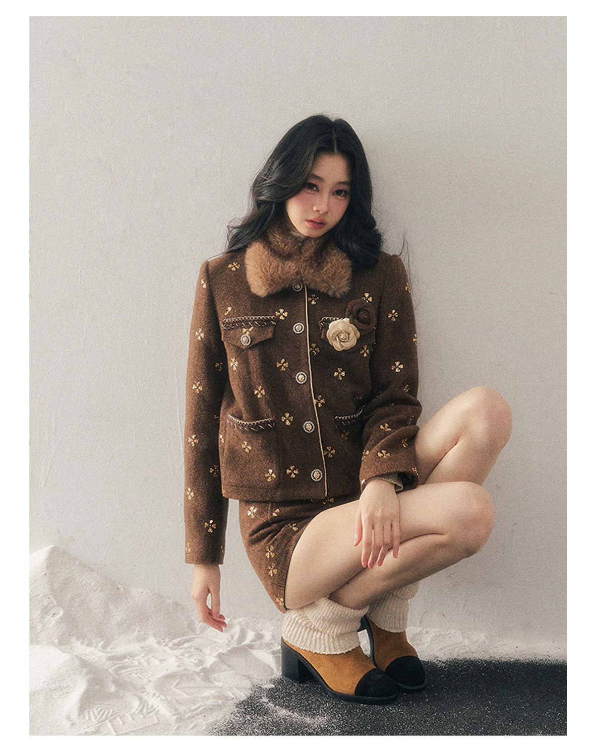 少也眼 "Deep Winter Wutong" Quilted Wool Tweed Two-Piece Set