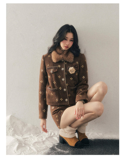 少也眼 "Deep Winter Wutong" Quilted Wool Tweed Two-Piece Set