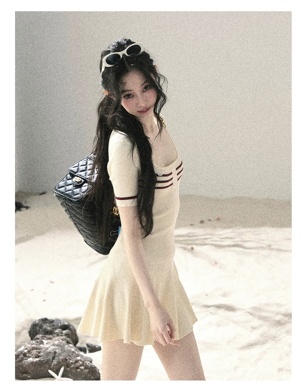 "First Date" Ivory Square Neck Knit Pleated Mini Dress