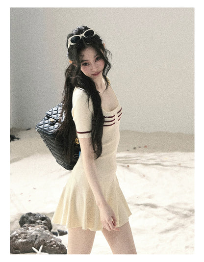 "First Date" Ivory Square Neck Knit Pleated Mini Dress