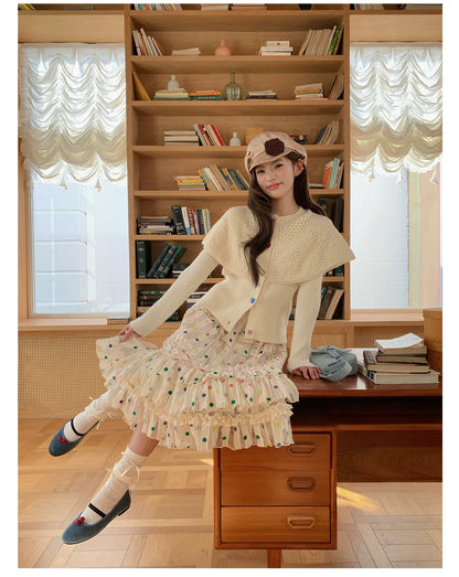 “Starlight Tulle Reverie” Apricot Polka Dot Mesh Skirt