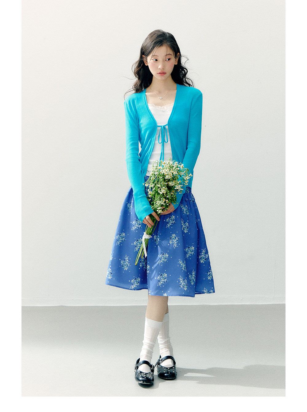 ANNATTO - Azure Bloom Blue Cardigan & Floral Midi Skirt Set