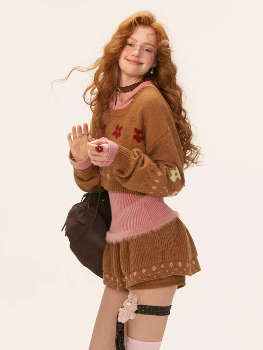 MAMC - Star & Floral Knit Crop Sweater + Skort Set WE770 (Caramel Brown)