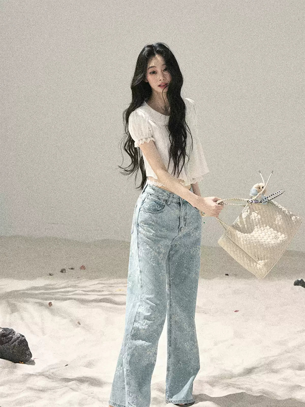 "Speechless Moonlight" Cloud White Lace Puff Sleeve Crop Top 74555