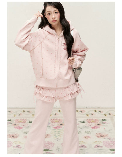 [RF] Polka Dot Hoodie and Pants Set with Zip Closure in Soft Pink