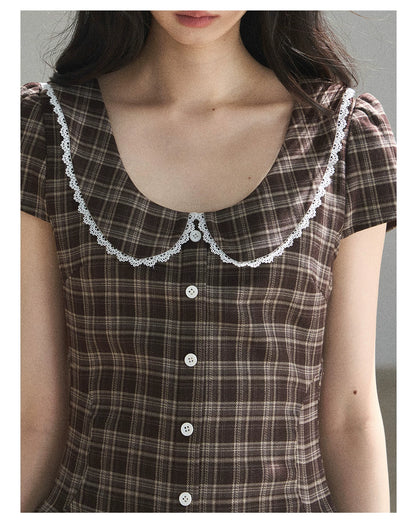 "The Camphor Tree in Late May" Chestnut Brown Plaid Peter Pan Collar Babydoll Mini Dress